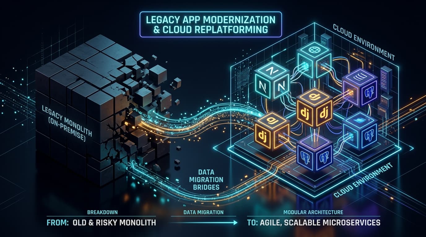 Legacy Modernization & Replatforming technical infographic